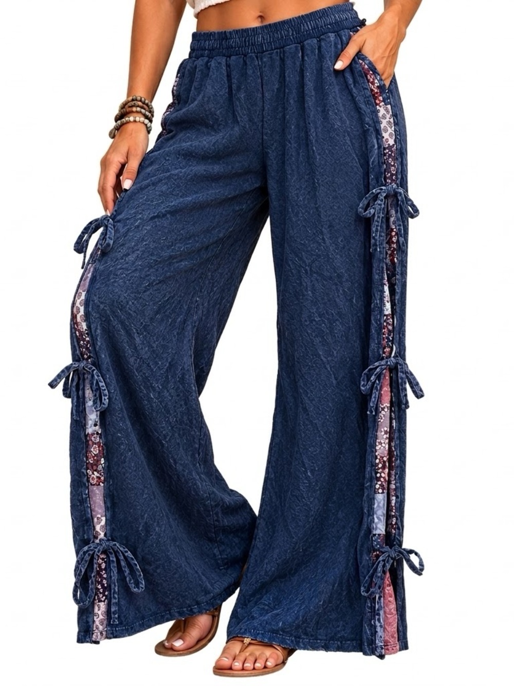 J.Her Bohemian Side Slit Tie Pants Navy Blue Mineral Washed Patchwork Wide Leg